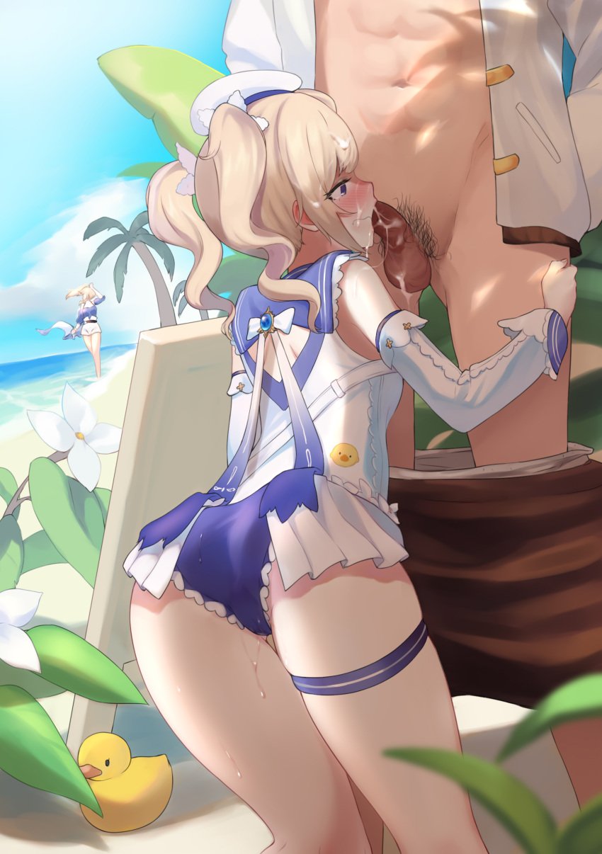 1boy 2girls absurdres adapted_costume ass barbara_(genshin_impact) barbara_(summertime_sparkle)_(genshin_impact) bare_shoulders beach blonde_hair blowjob blue_eyes blue_sailor_collar blush clothes_pull cum cum_in_mouth cum_on_hair day detached_sleeves facial fellatio flower frills gem genshin_impact highres jacket jean_gunnhildr jean_gunnhildr_(sea_breeze_dandelion) kneeling long_hair looking_at_penis multiple_girls navel nose_blush nun one-piece_swimsuit open_clothes open_jacket open_mouth oral oral_sex outdoors pants pants_pull penis pussy_juice rubber_duck sailor_collar sky solo_focus stealth_sex straight swimsuit taotao thigh_strap thighs twintails uncensored white_flower white_headwear