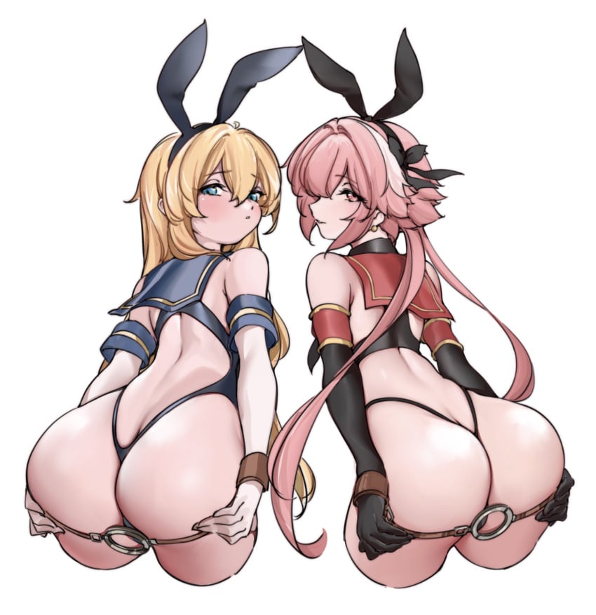 2021 2boys androgynous armwear ass ass_cleavage ass_focus astolfo_(fate) bare_shoulders big_ass black_armwear blonde_hair blue_eyes blush bunny_ears butt_crack cosplay crossover crossplay cuffs dat_ass fake_animal_ears fate/grand_order fate_(series) femboy girly hair_ribbon kantai_collection lamsass leotard long_hair looking_at_viewer looking_back male male_focus male_only pink_eyes pink_hair presenting presenting_ass restrained shimakaze_(kantai_collection) simple_background thick_thighs thong trap twintails white_armwear white_background