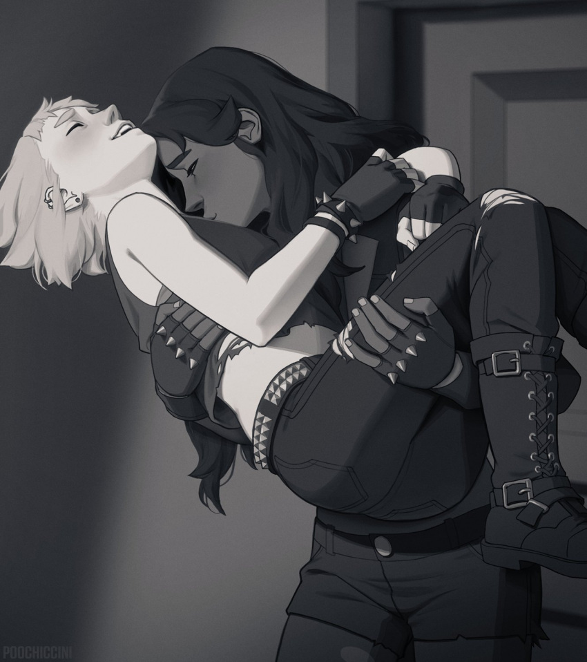 2girls boots bridal_carry carrying crop_top dark_skin fingerless_gloves humanized jeans kissing kissing_chest long_hair marina_(splatoon) monochrome pearl_(splatoon) poochiccini ripped_clothing short_hair spikes splatoon splatoon_2 thighhigh_boots wholesome yuri