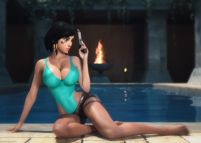 3d 3d_(artwork) barefoot big_breasts black_hair blizzard_entertainment bodysuit breasts cleavage crossover embracer_group eye_of_horus feet gun lara_croft_(cosplay) overwatch pharah pistol short_hair therealzoh thick_lips tomb_raider