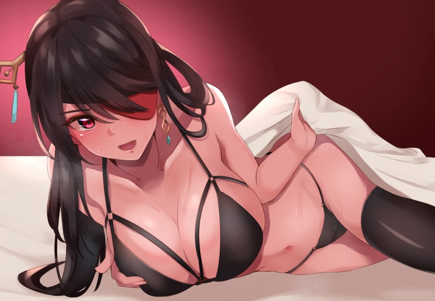 1girls bed bed_sheet beidou_(genshin_impact) bikini breasts brown_hair busty cleavage curvy eyepatch female genshin_impact haneramu hi_res highres large_breasts looking_at_viewer red_eyes smile thighhighs