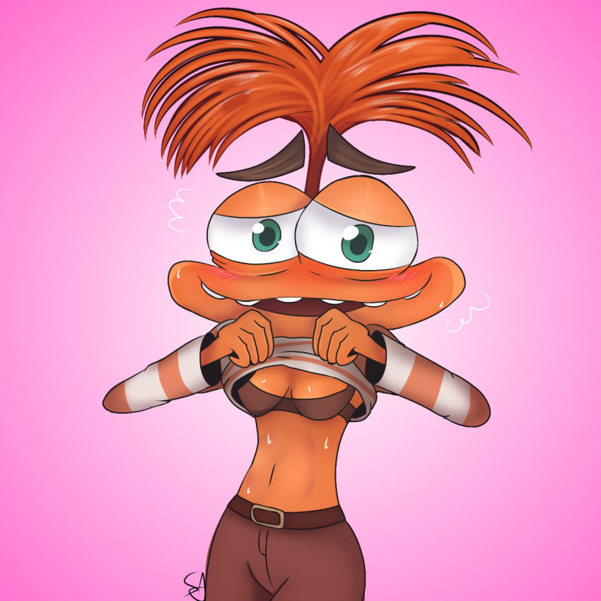 1girls 2023 alternate_breast_size anxiety_(inside_out) blushing disney female female_focus female_only goofy_ahh inside_out inside_out_2 jembbrowm looking_at_viewer medium_breasts nervous nervous_smile orange_hair orange_skin pink_background pixar pulling_clothing