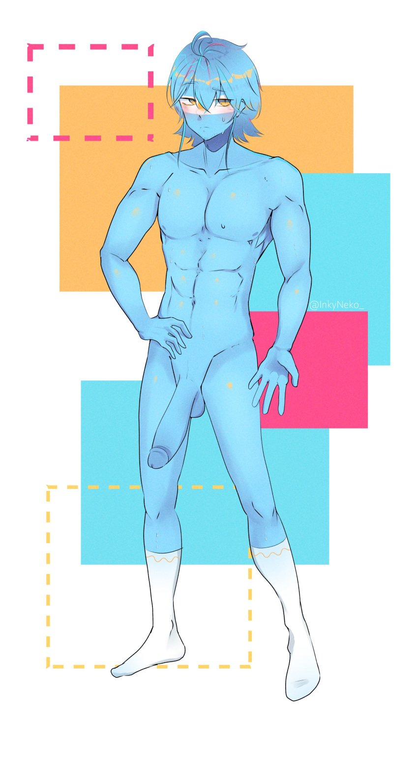 abs argentina_(countryhumans) big_penis blue_skin blush countryhumans inkyneko long_hair naked nude_male socks sweat