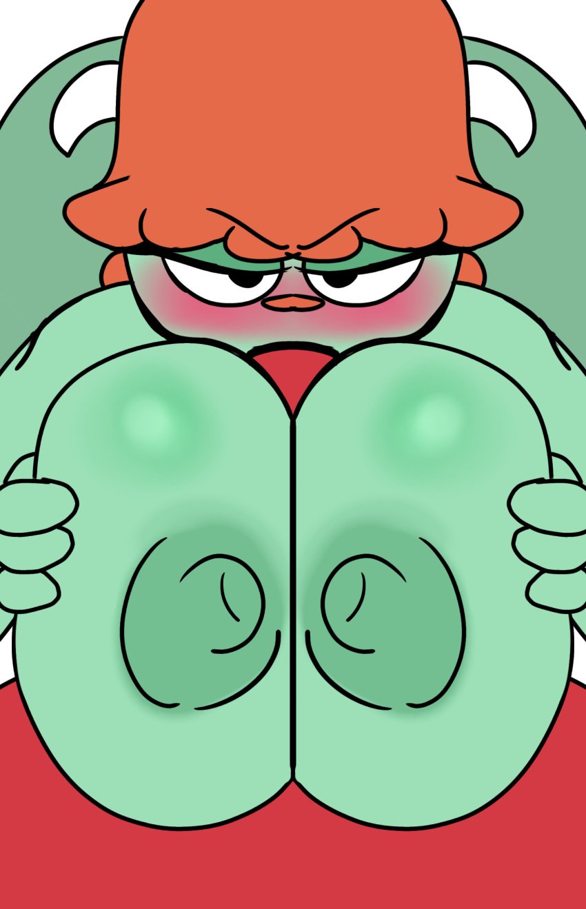 anthro big_breasts blush breasts bull cartoon_network fellatio green_skin huge_breasts huge_cock jamie_(tawog) oral orange_hair paizuri the_amazing_world_of_gumball titjob