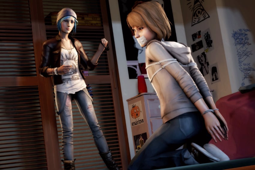 2girls 3d arms_behind_back bondage bound bound_arms bound_wrists chloe_price female female_only female_protagonist femdom femsub gag gagged life_is_strange max_caulfield on_knees restrained rope rope_bondage skyripe tape tape_gag taped_mouth tied_up yuri