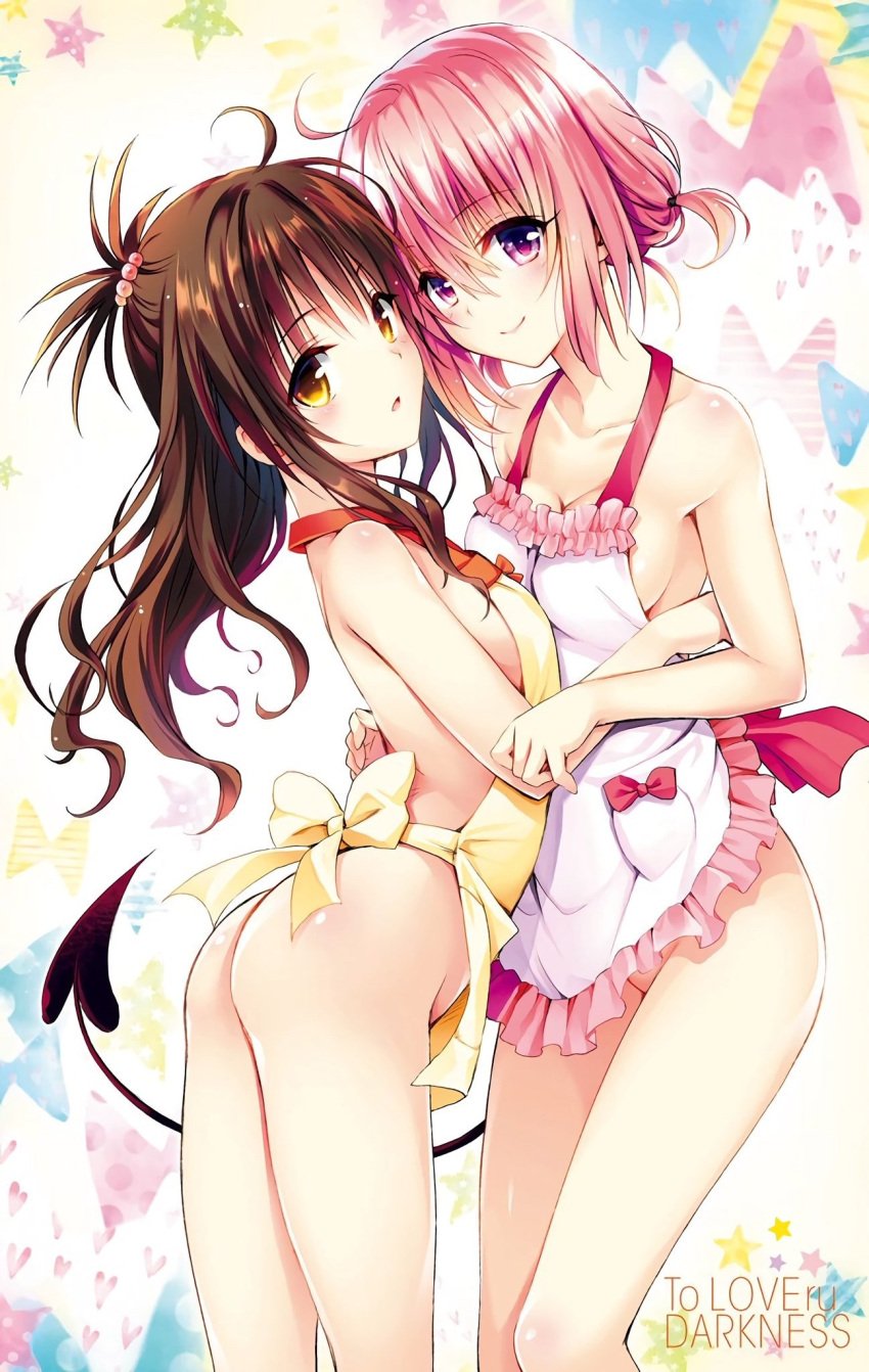 2girls alien alien_girl alien_humanoid apron apron_only ass brown_hair demon_tail devilukean devilukean_female devilukean_tail flat_chest golden_eyes medium_breasts momo_velia_deviluke multiple_girls partially_clothed pink_hair purple_eyes small_breasts to_love-ru to_love-ru_darkness yuuki_mikan