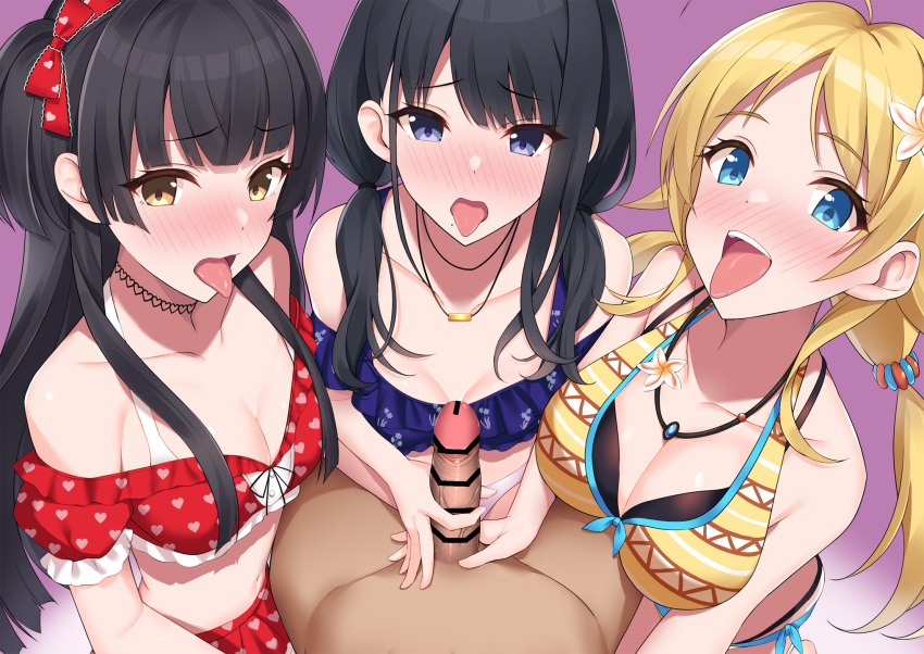 1boy 3girls bar_censor bikini black_hair blonde_hair blue_bikini blue_eyes blush breasts censored cleavage collarbone commentary dark-skinned_male dark_skin eyebrows_visible_through_hair fffm_foursome flower foursome hachimiya_meguru hair_flower hair_ornament hair_ribbon handjob heart heart_print highres idolmaster idolmaster_shiny_colors interracial jewelry kazano_hiori large_breasts light-skinned_female light_skin long_hair low_twintails mayuzumi_fuyuko medium_breasts multiple_girls multiple_handjob nanoyo necklace open_mouth penis pov print_bikini red_bikini red_ribbon ribbon smile swimsuit tongue tongue_out twintails upper_body yellow_bikini yellow_eyes