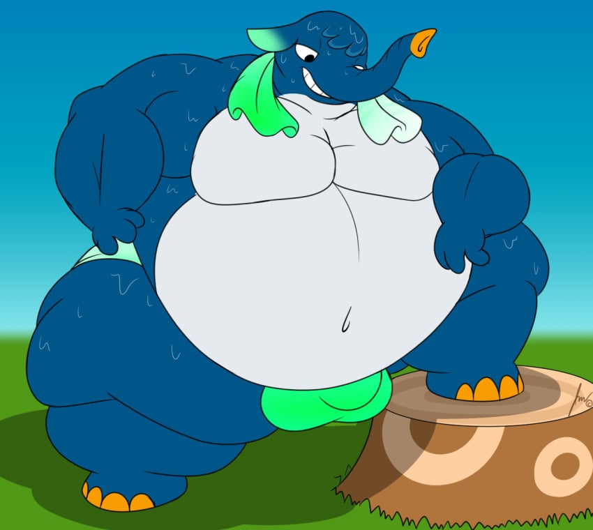 1boy 2019 animal_crossing anthro axel_(animal_crossing) bbm belly bhm bulge cock_bulge elephant fat grass jouigidragon log male male_focus male_only musclegut muscular_male nintendo pecs solo_male spread_legs sweat towel towel_around_neck tree tree_log