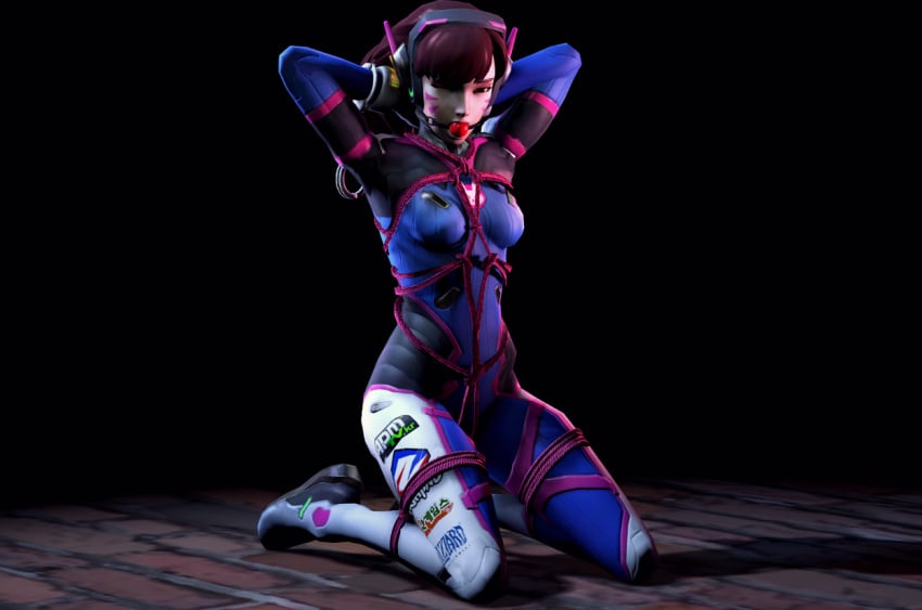 1girls 3d bodysuit bondage d.va female female_only gag overwatch putting_on_gag rope rope_between_breasts rope_between_pussy rope_bondage skyripe solo