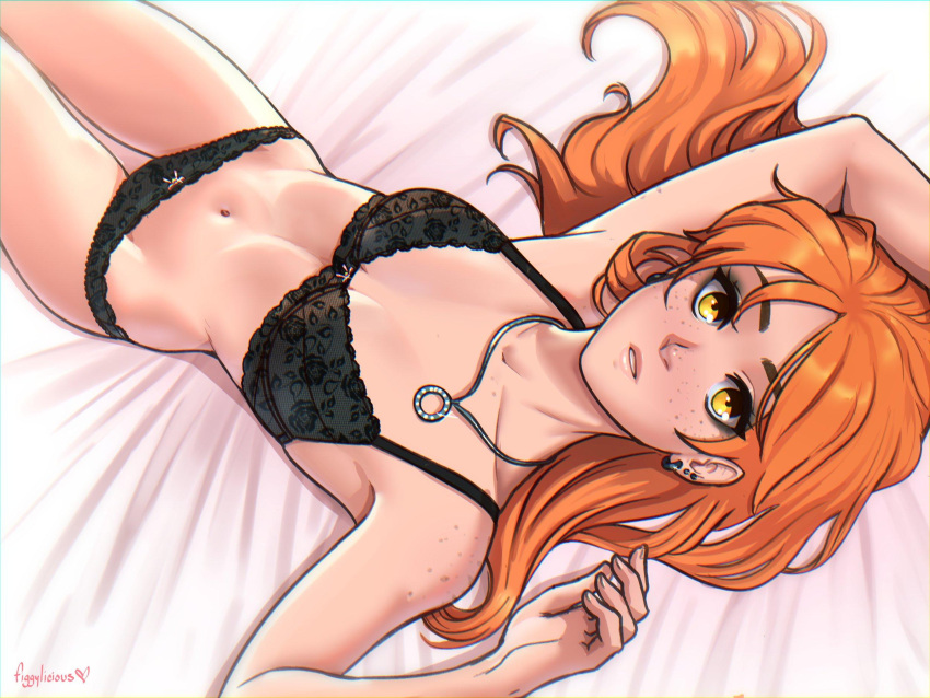 1girls bare_arms bare_shoulders bed black_bra black_panties bra breasts_apart collarbone cowboy_shot female female_only figgylicious freckles jewelry lace legs_together lingerie looking_at_viewer lying lying_on_back medium_breasts midriff necklace on_back orange_hair original pale-skinned_female pale_skin panties piercing slim solo stomach thighs underwear yellow_eyes