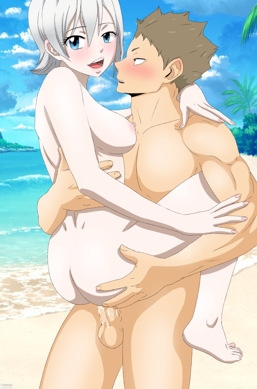 1boy 1girls beach beach_sex crossover exoticbat fairy_tail female haikyuu!! hisashi_kinoshita lisanna_strauss nude_male penis stand_and_carry_position vaginal_penetration whentai