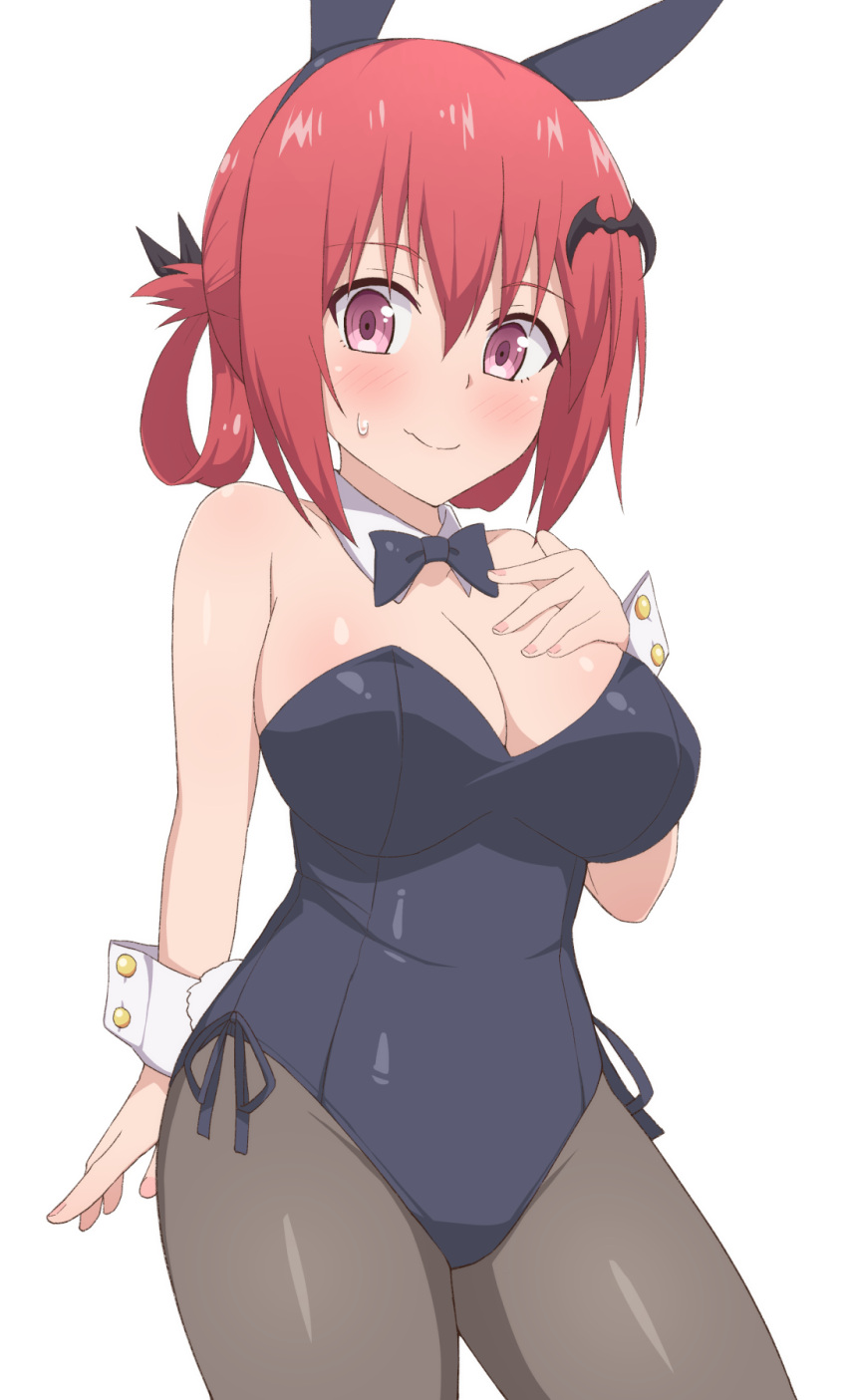 1girls bat_hair_ornament bunnysuit cleavage female_only gabriel_dropout kurumizawa_satanichia_mcdowell medium_breasts nervous nyaroon red_hair simple_background