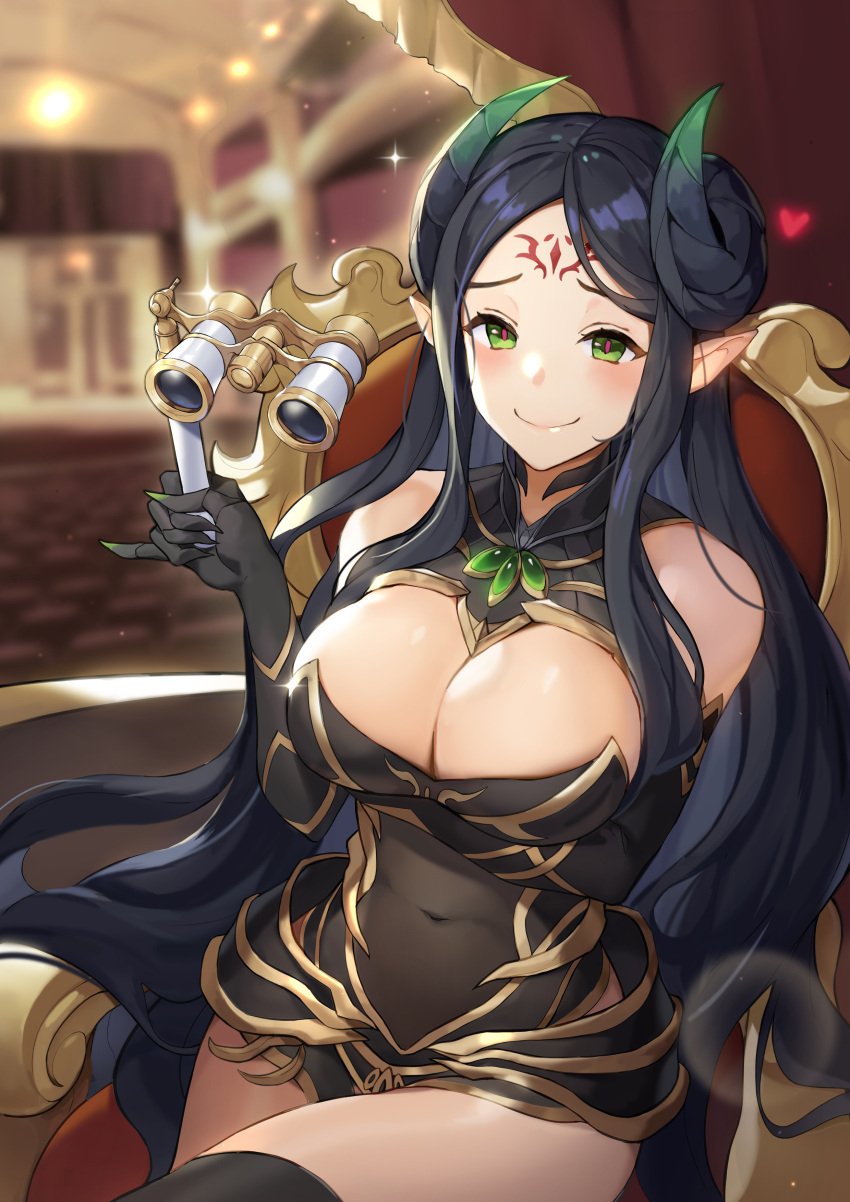 absurdres bare_shoulders binoculars black_hair blurry blush chair cleavage closed_mouth clothing_cutout demon_girl demon_horns dress elbow_gloves forehead_tattoo gloves green_eyes heart highres horns indoors kings_raid large_breasts long_hair looking_at_viewer pointy_ears shamilla_(king's_raid) sidelocks sitting smile solo sparkle thighhighs