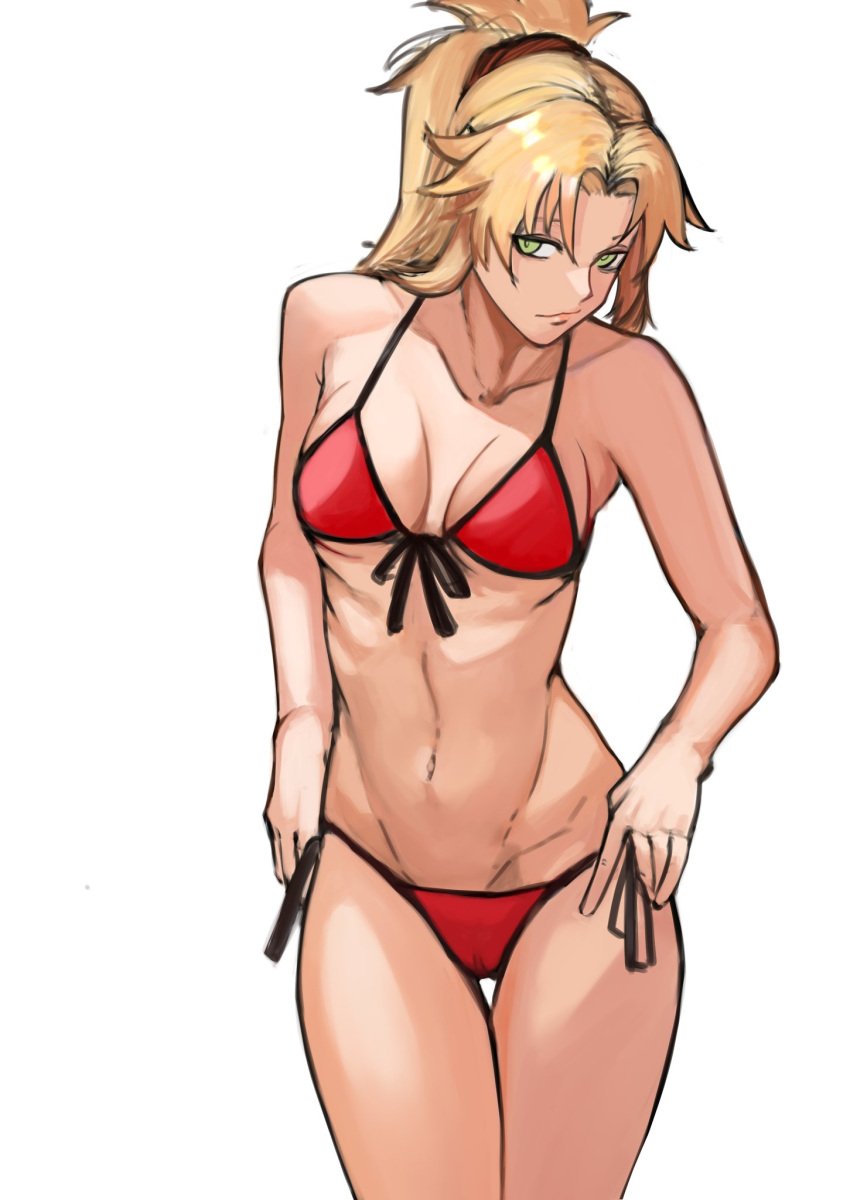 1girls bikini blonde_hair bra fate/apocrypha fate/grand_order fate_(series) green_eyes looking_at_viewer medium_breasts mordred_(fate) mordred_(fate)_(all) mordred_(swimsuit_rider) nero_watch panties red_bikini red_bra red_panties simple_background