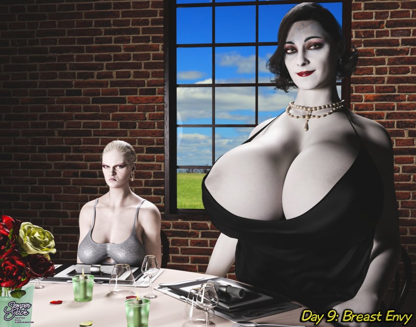 2girls 3d alcina_dimitrescu areola_slip areolae big_breasts breast_envy breasts capcom cleavage female huge_breasts larger_female mature_female milf mother_miranda_(resident_evil) older_female resident_evil resident_evil_8:_village semper_jack size_difference