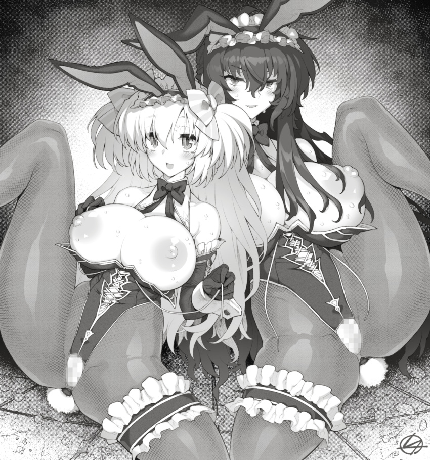 2girls anal_tail animal_ears bajou_takurou bare_shoulders beatrix_brehme beatrix_bremer blush breasts bunny_ears bunny_tail censored clothing collar commission crotch_seam detached_sleeves fake_tail fishnet_legwear fishnets greyscale hairband happy highres large_breasts leaning_back legs_up leotard leotard_pull liz_hohenstein looking_at_viewer monochrome multiple_girls muv-luv muvluv muvluv_alternative pantyhose playboy_bunny plug pussy ribbon schwarzesmarken seductive_smile skin_tight skindentation sleeve_cuffs smile spread_legs sweat sweatdrop tail thick_thighs thigh_strap thighs