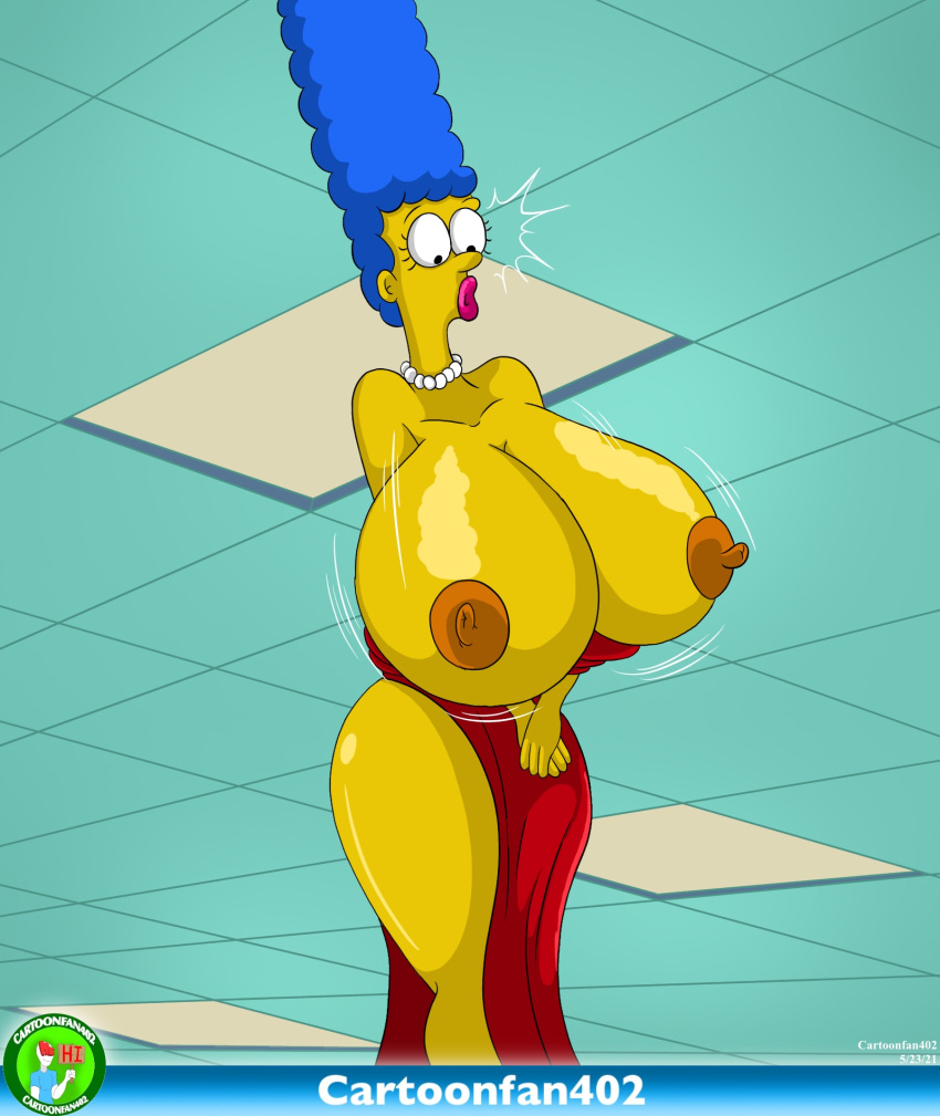 1girls alternate_breast_size areola areolae big_breasts big_nipples cartoonfan402 embarrassed female flashing flashing_breasts hyper_breasts large_breasts marge_simpson milf nipples pearl_necklace solo surprised the_simpsons