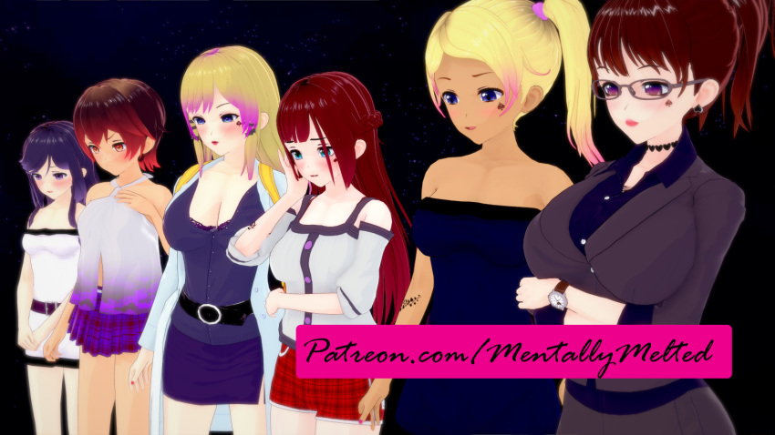 6girls amanda_(mentally_melted) blonde_hair breasts clothed cuckold feminization glasses kari_(mentally_melted) koikatsu mentally_melted multicolored_hair multiple_girls queen_of_spades spade tattoo