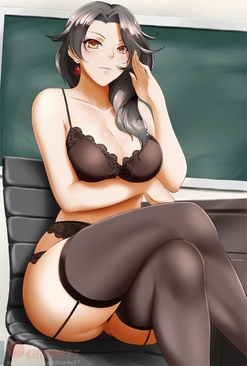 1girls big_breasts black_bra black_hair black_legwear black_lingerie black_panties blackboard breasts cinder_fall classroom clothing earrings female garter_belt garter_straps human kimmy77 lace lace-trimmed_bra lace-trimmed_panties legwear lingerie rwby sitting smile softcore solo solo_female stockings teacher thick_thighs thighhighs yellow_eyes