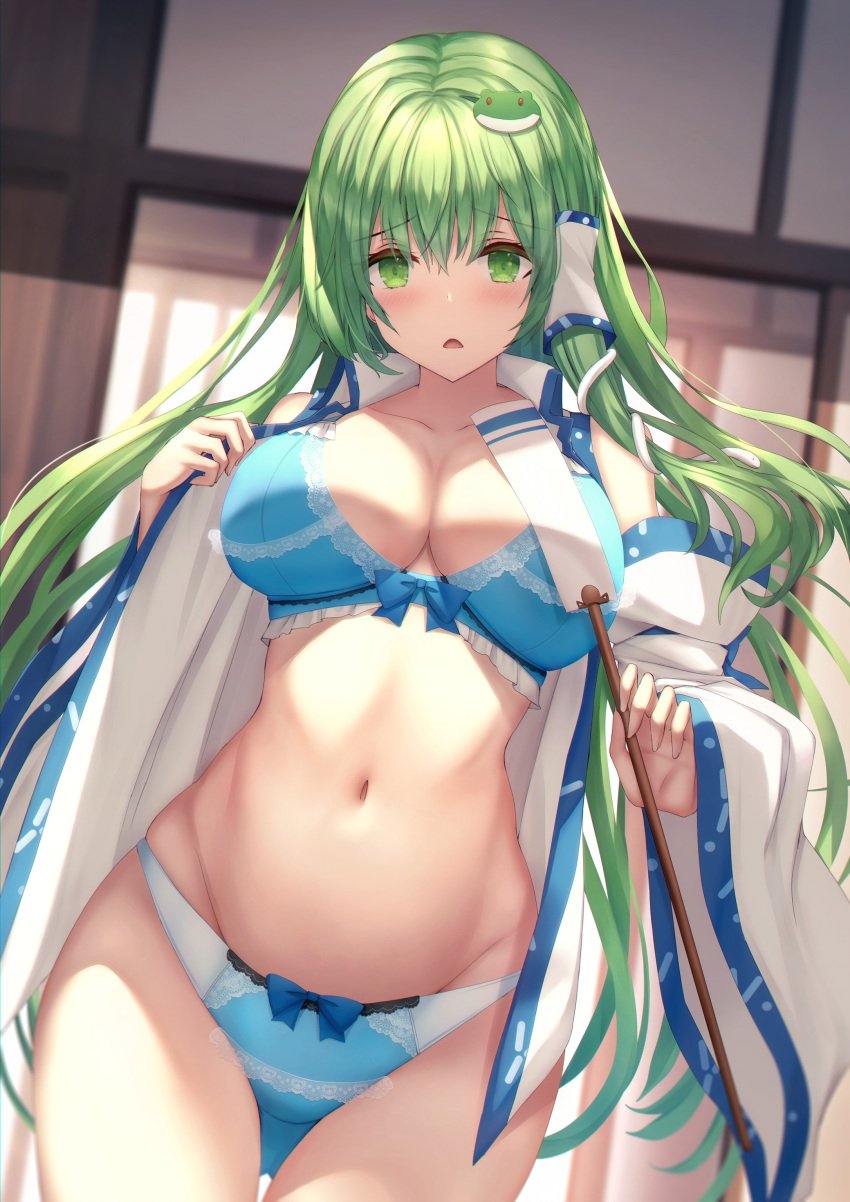 1girls bangs blue_bra blue_panties blush bow bow_bra bow_panties bra breasts cleavage collarbone cowboy_shot eyebrows_visible_through_hair frog_hair_ornament gohei green_eyes green_hair hair_ornament hair_tubes holding indoors large_breasts liya long_hair long_sleeves looking_at_viewer navel open_clothes panties parted_lips sanae_kochiya snake solo standing touhou underwear white_snake wide_sleeves