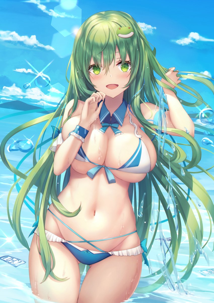 1girls ass_visible_through_thighs bikini blue_sky breasts cleavage cloud day detached_collar frog_hair_ornament green_eyes green_hair hair_between_eyes hair_ornament large_breasts liya long_hair looking_at_viewer mountainous_horizon navel ocean open_mouth outdoors partially_submerged sanae_kochiya sky smile solo standing swimsuit thick_thighs thigh_gap touhou two-tone_bikini underboob very_long_hair water_drop wet wide_hips wrist_cuffs