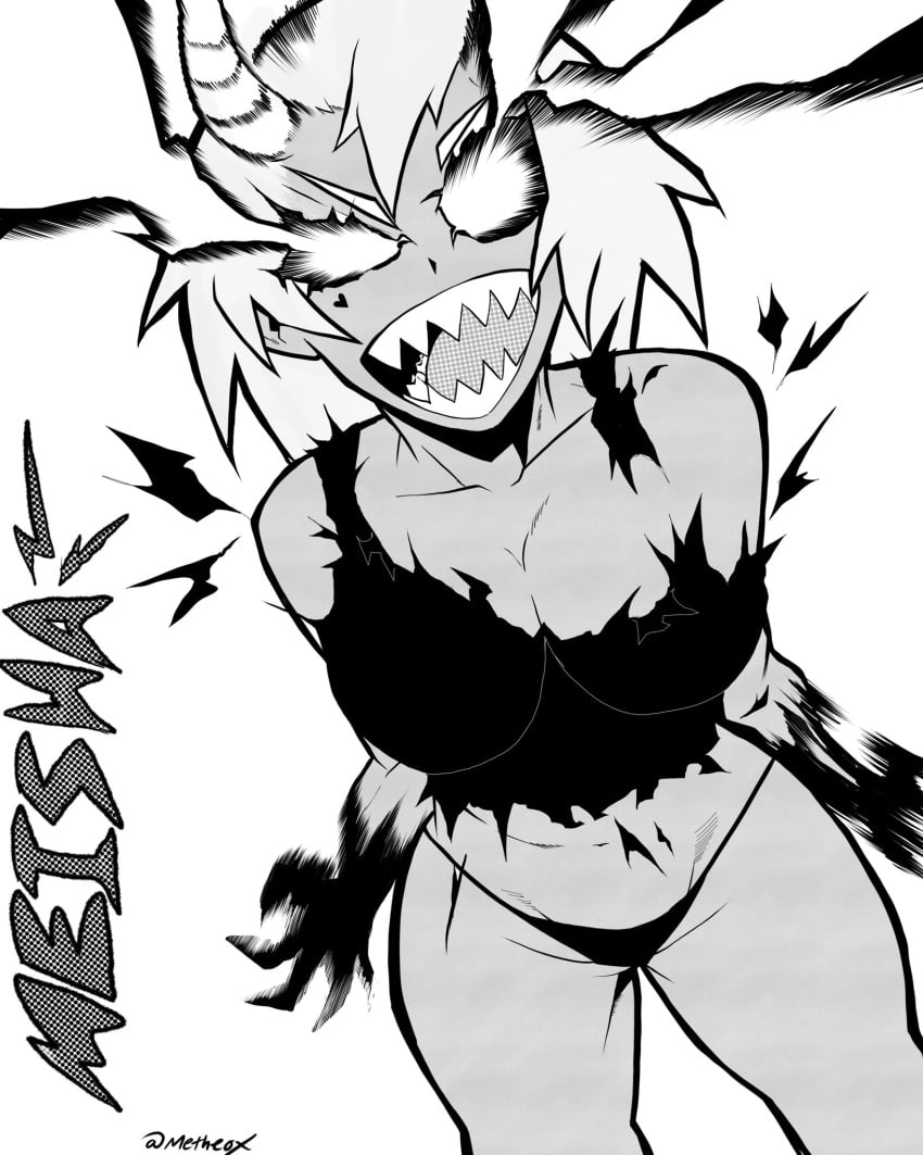 breasts cleavage demon_girl facial_mark glowing_eyes greyscale horns meisha metheox navel no_panties panties sharp_teeth standing tagme torn_clothes