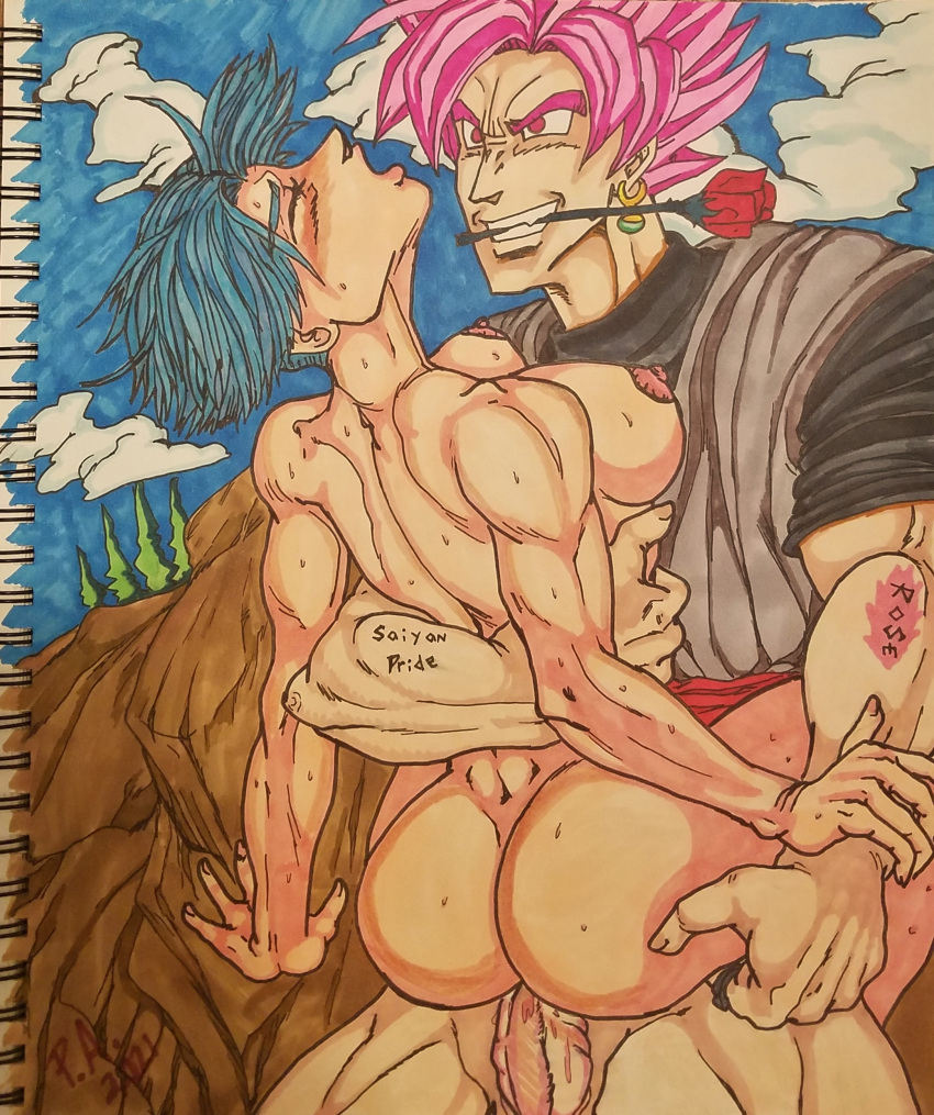 1boy 1girls ass blue_hair blue_sky breasts cliff clouds dragon_ball dragon_ball_super female female_focus female_trunks future_trunks goku_black half_nude large_breasts light-skinned_female light_skin male nipples nude nude_female outside princeadam rape rose rule_63 sex solo_focus super_saiyan_rose traditional_media_(artwork) trees