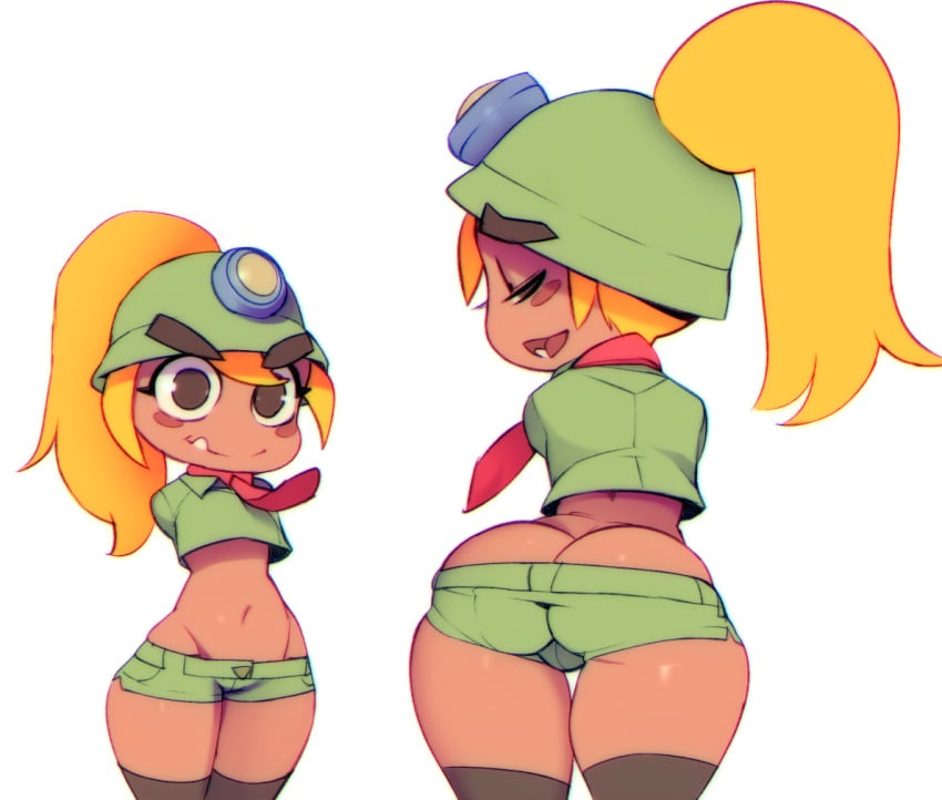 1girls armless ass ass_cleavage big_ass blonde_hair bottom_heavy brown_eyes bubble_butt butt_crack doxy eyebrows_visible_through_hat female female_only flat_chest goomba goombella green_shorts huge_ass looking_at_viewer looking_back mario_(series) nintendo no_arms no_irises oerba_yun_fang paper_mario paper_mario:_the_thousand-year_door ponytail short_shorts small_clothes thick_thighs thigh_gap thighhighs tie tusks wide_hips