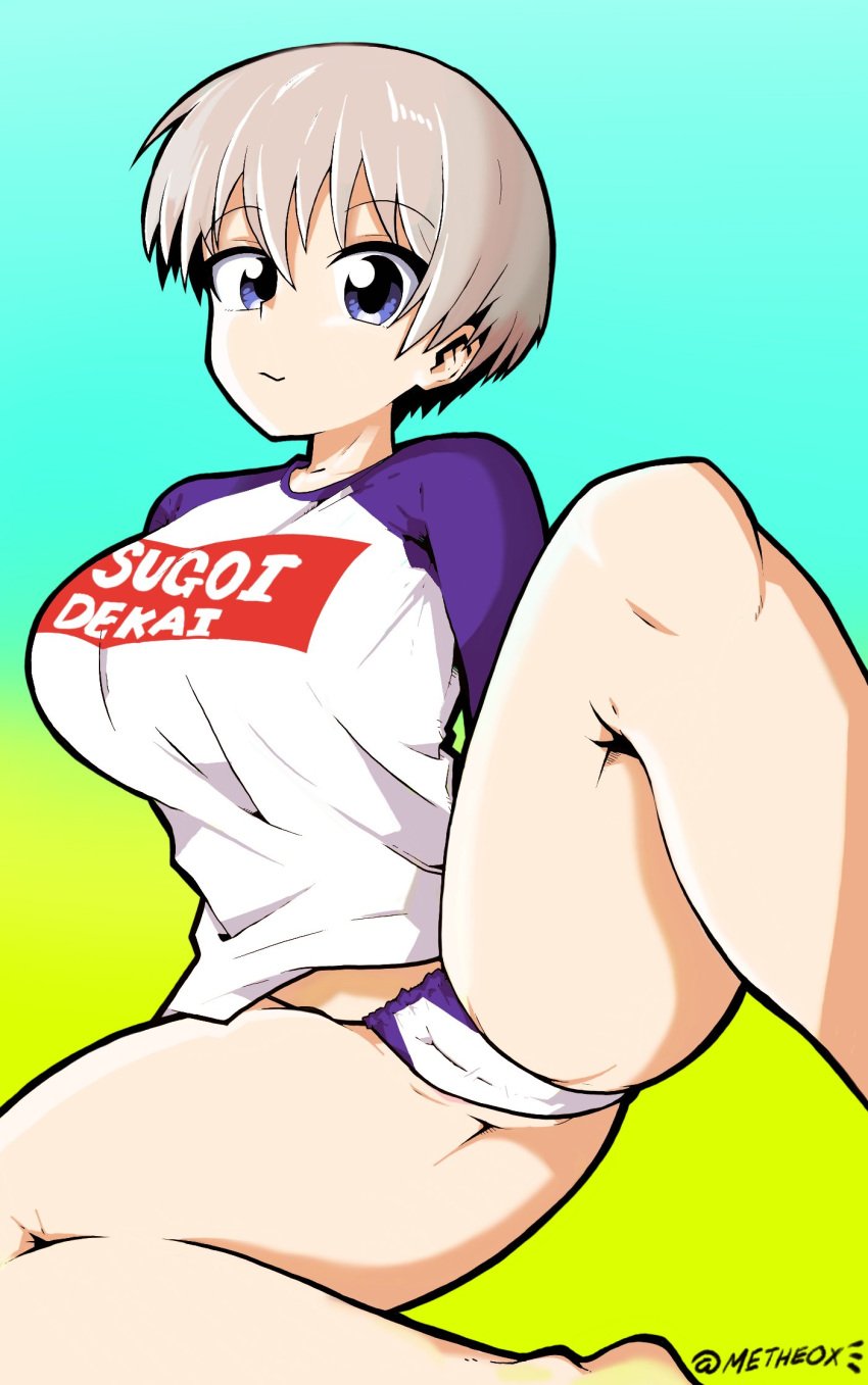 blue_eyes breasts grey_hair looking_at_viewer metheox no_pants panties sitting tagme thick_thighs thighs uzaki-chan_wa_asobitai! uzaki_hana white_panties