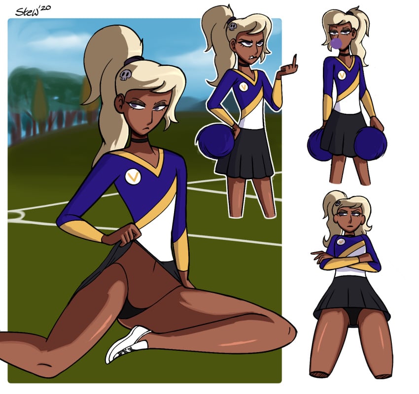 black_panties blonde_hair bubble_gum cheerleader cheerleader_uniform dark-skinned_female dark_skin elise_(stewsspicyblog) flipping_off goth goth_girl long_legs outdoors stewsspicyblog