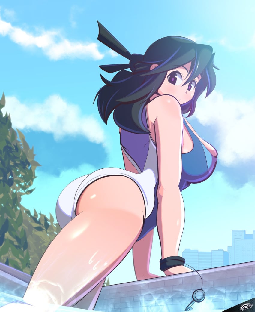 ass black_eyes black_hair blush borrowed_character breasts freakyed large_breasts looking_at_viewer looking_back lucia_(scott_malin) one-piece_swimsuit pool skindentation swimsuit tagme thighs