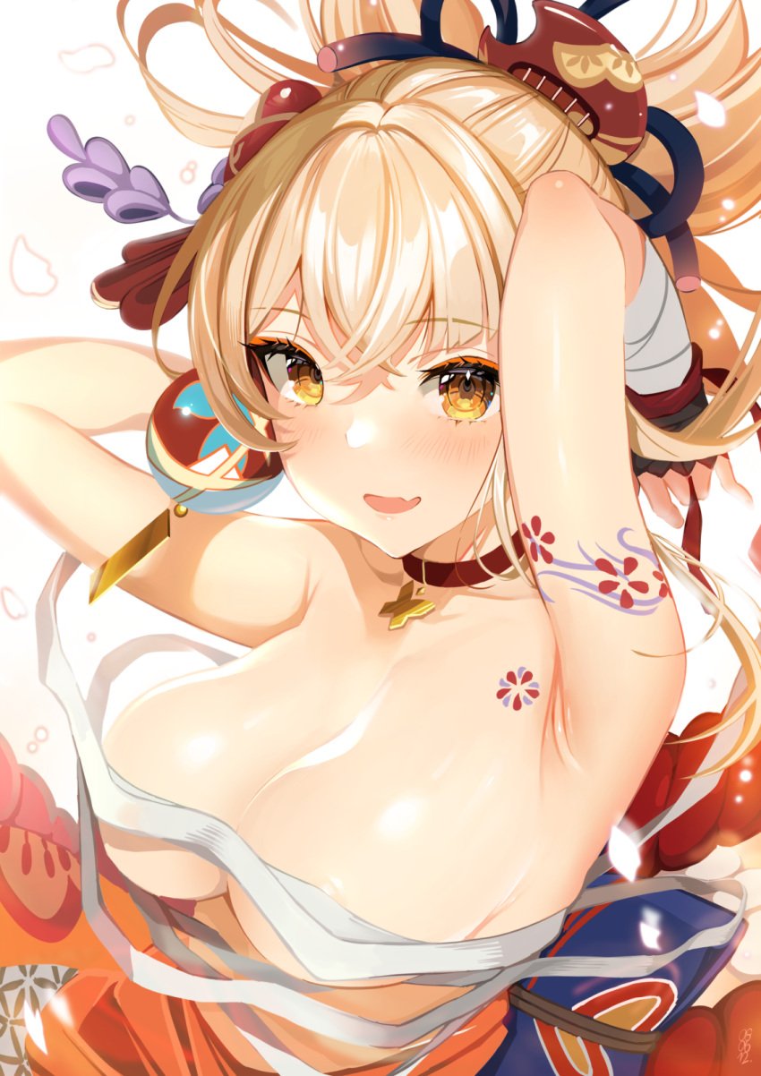 alcoholrang armpits arms_up bandages blonde_hair blush breast_tattoo breasts choker cleavage covered_nipples eyeshadow fang female female_only genshin_impact hair_ornament hi_res japanese kimono looking_at_viewer medium_breasts orange_eyes partially_clothed petals ponytail shimenawa shiny_skin simple_background smile tattoo tied_hair underboob white_background yoimiya_(genshin_impact)