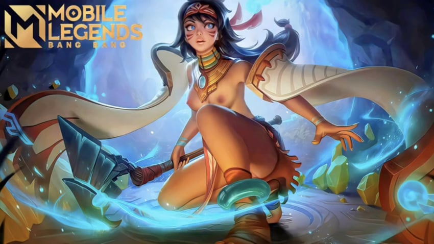 anklet blue_eyes breasts dark_skin mathilda_(mobile_legends) mobile_legends mobile_legends:_bang_bang nipples partially_clothed schmunch squatting staff toeless_footwear