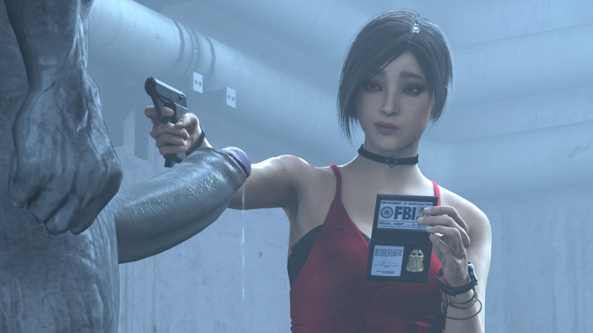 1boy 1girls 3d ada_wong ada_wong_(adriana) asian asian_female badge black_hair capcom erection fbi fbi_badge female firearm grey_skin gun handgun identification imminent_sex looking_at_penis male mr_x nude penis precum resident_evil resident_evil_2 resident_evil_2_remake sfm short_hair stephanie23 tyrant weapon