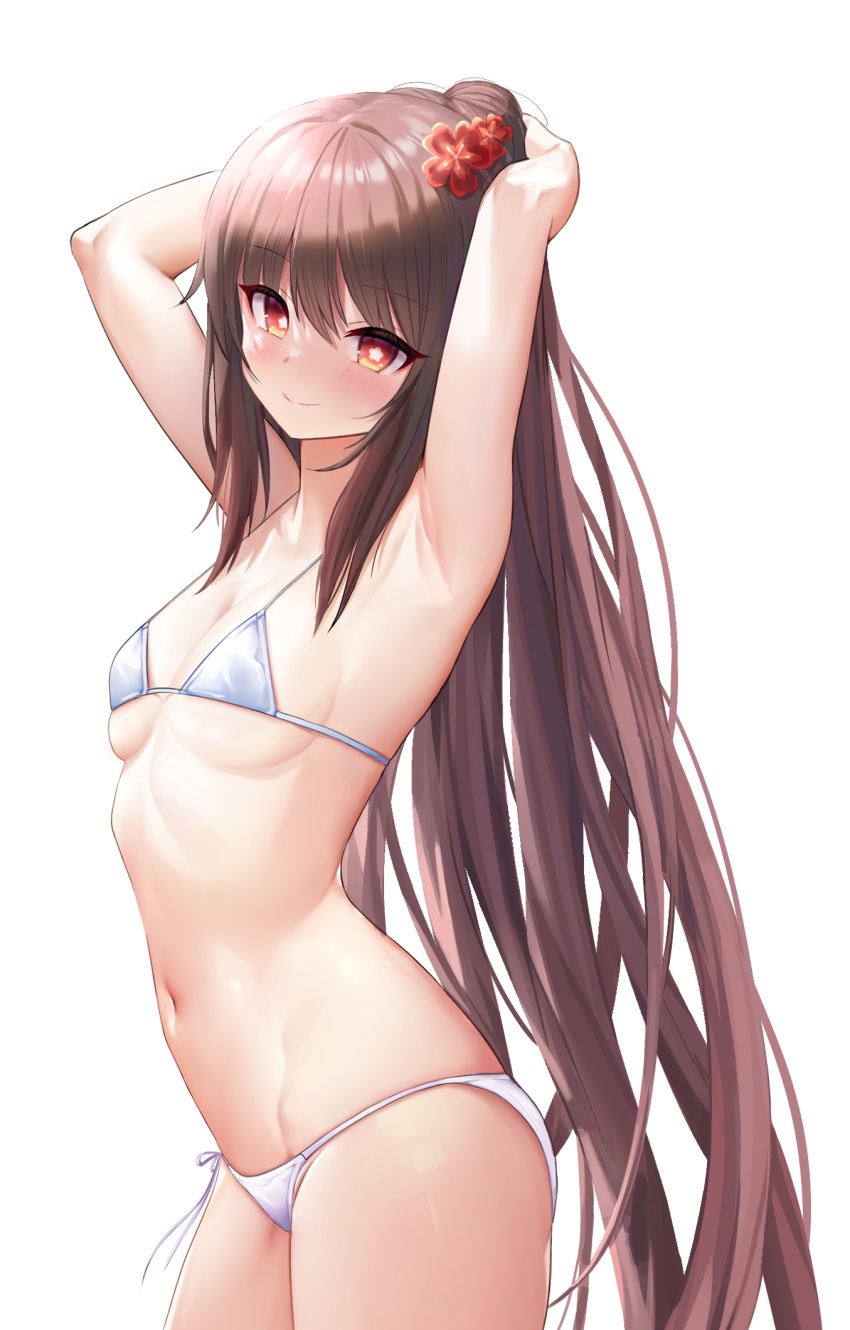 1girls armpits bikini breasts brown_hair female genshin_impact hi_res hu_tao_(genshin_impact) rable red_eyes small_breasts underboob white_bikini