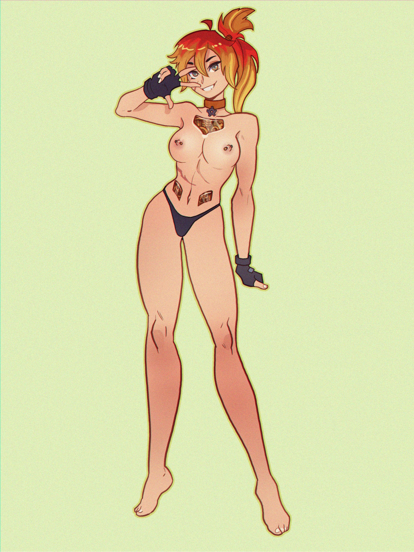 1girls full_body grin looking_at_viewer mechanical medium_breasts ndasfw ponytail solo standing topless v yellow_background