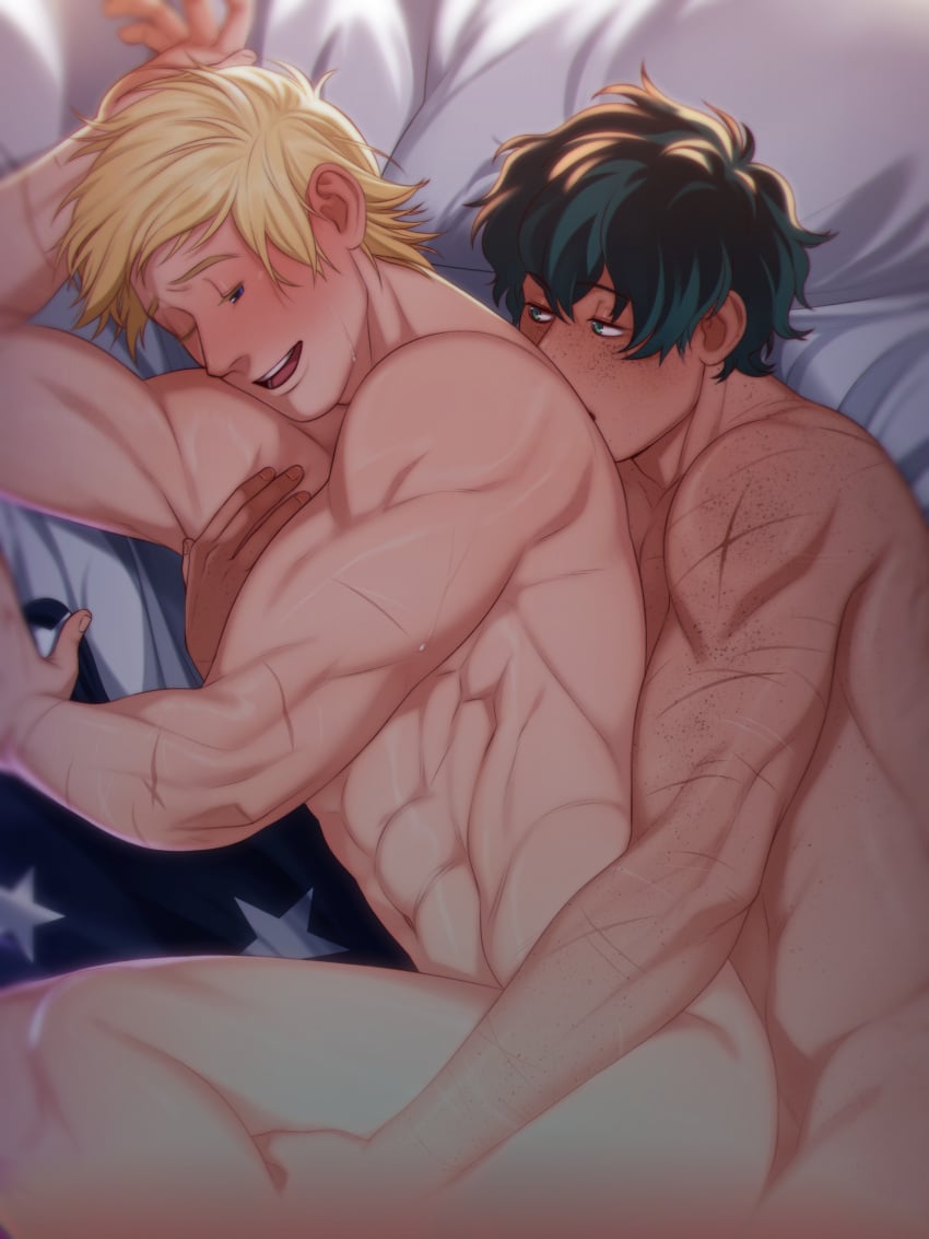 2boys abs absurdres bed_sheet black_hair blonde_hair blue_eyes blush closed_eyes freckles from_above happy_sex highres implied_sex izuku_midoriya lying male male_focus male_only mirio_togata multiple_boys muscular muscular_male my_hero_academia nude on_side open_mouth riffraff riffraffhellyea scar_on_arm short_hair shounen_jump smile spooning teeth upper_teeth wholesome yaoi