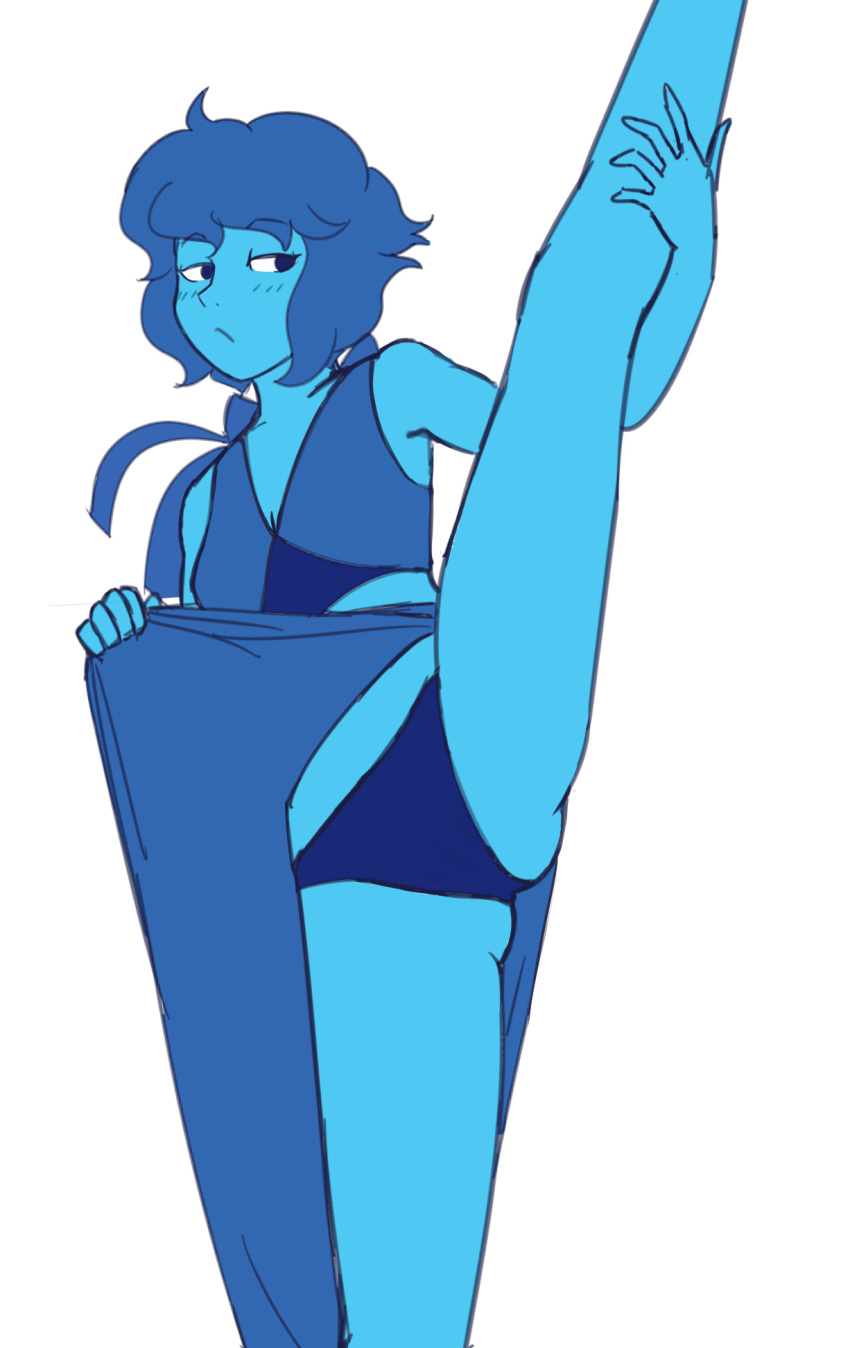 1girls blue_female blue_hair blue_panties blue_skin bob_cut cartoon_network devilishrr dress_lift female female_only front_view gem_(species) lapis_lazuli_(gem) lapis_lazuli_(steven_universe) leg_lift legs long_legs panties plain_background short_blue_hair short_hair solo steven_universe underwear upskirt vertical_splits white_background