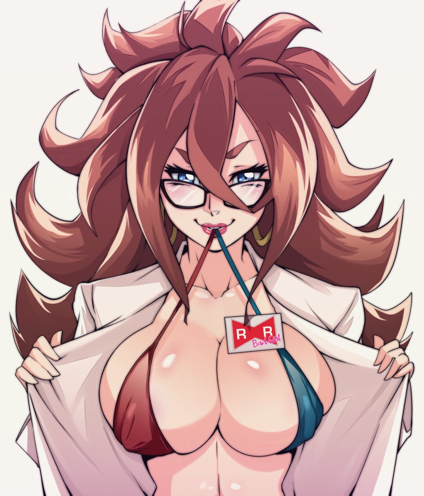 1girls alternate_version_available android_21 android_21_(human) bikini_top blue_eyes breasts brown_hair cleavage delux dragon_ball dragon_ball_fighterz female flashing glasses huge_breasts lipstick long_hair looking_at_viewer shounen_jump smile solo