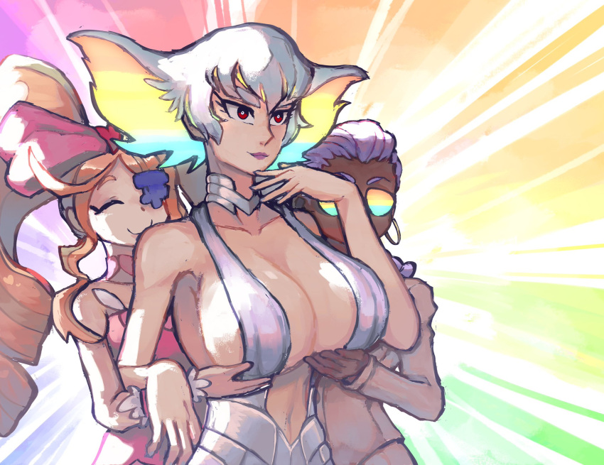 3girls big_breasts blonde_hair breasts cleavage dark-skinned_female eyebrows eyepatch female female_focus female_only handmaiden harime_nui hououmaru_rei kekekeke kill_la_kill kiryuuin_ragyou large_breasts light-skinned_female light_skin meme milf multicolored_hair multiple_females multiple_girls rainbow_hair servants_holding_aphrodite's_breasts_(meme) studio_trigger sunglasses tinted_eyewear white_hair