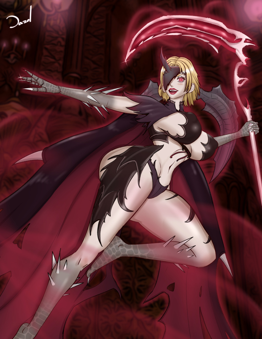 big_breasts bikini_armor blonde_hair cape cleavage dazol eyepatch final_fantasy final_fantasy_xiv grey_skin horn horns huge_breasts humanoid hyur large_breasts light-skinned_female light_skin lipstick looking_at_viewer mostly_clothed original_character red_eyes scales scythe short_hair spikes succubus succubus_horns succubus_wings tagme toned toned_female wings