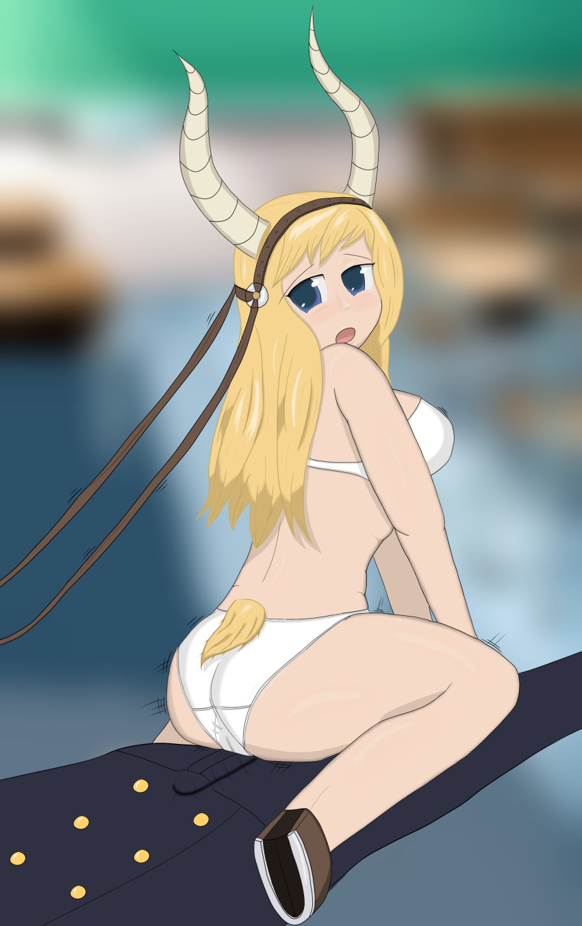 ass blonde_hair blue_eyes blush bra grinding horns motion_lines my_hero_academia panties tsunotori_pony