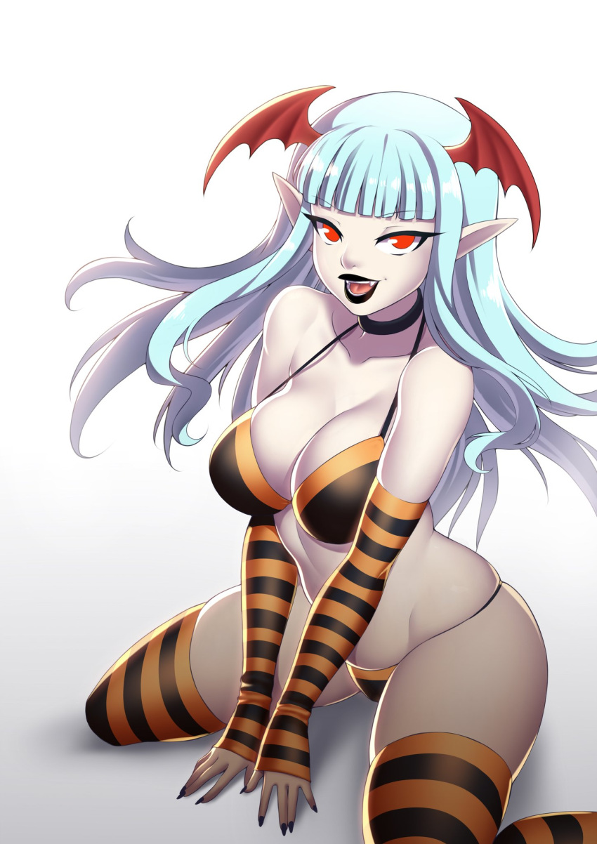 1girls alternate_version_available black_lipstick blue_hair bra breasts choker cleavage elbow_gloves fangs female female_only head_wings hime_cut kneeling large_breasts lipstick looking_at_viewer nail_polish open_mouth original original_character pale_skin panties red_eyes smile solo striped_legwear thighhighs underwear vampire zeshgolden