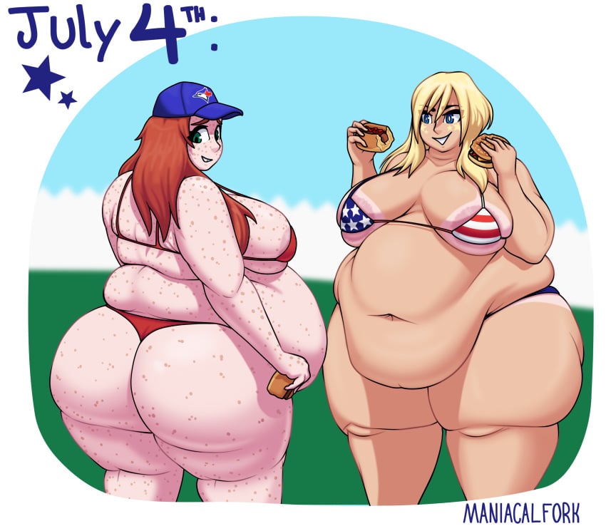 2021 4th_of_july american_flag american_flag_bikini areolae belly belly_button belly_overhang big_ass big_belly big_breasts big_butt bikini blonde_hair blue_eyes bra burger canadian_flag eating eyebrows_visible_through_hair fat fat_ass food freckles green_eyes hat headgear hot_dog hyper hyper_belly looking_at_another looking_back looking_down maniacalfork mutual_female_weight_gain obese original original_character original_characters outside overweight panties red_hair shorts simple_background smile smug tan thick thick_ass thick_legs thick_thighs toronto_blue_jays watermark