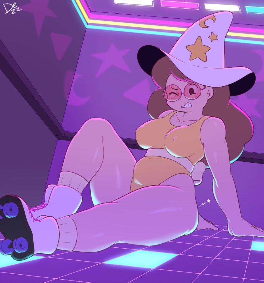 1girls 2021 bee_(bee_and_puppycat) bee_and_puppycat breasts brown_hair clothed clothing dezz female female_only glasses hat human human_only long_hair nipple_bulge one-piece_swimsuit one_eye_closed roller_skates shiny_skin shoes sitting solo thighs wizard_hat