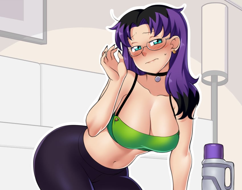 1girls big_ass blue_eyes blush breasts choker cleavage clothed earrings embarrassed female female_only glasses large_breasts leaning_forward leggings long_fingernails navel original original_character purple_hair sidney_(zeshgolden) solo sweatdrop tank_top tight_pants uncomfortable yoga_pants zeshgolden