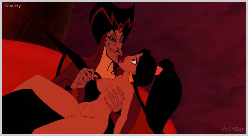 1boy 1girls aladdin blank_stare breast breast_grab clothed_male_nude_female cmnf disney disney_princess disney_villains evil_queen_jasmine female hand_on_breast jafar jafar_harem_outfit male mind_control nipple_piercing nipple_play nipple_pull nipple_ring nipples nude_female princess_jasmine shaved_pussy text vylfgor watermark