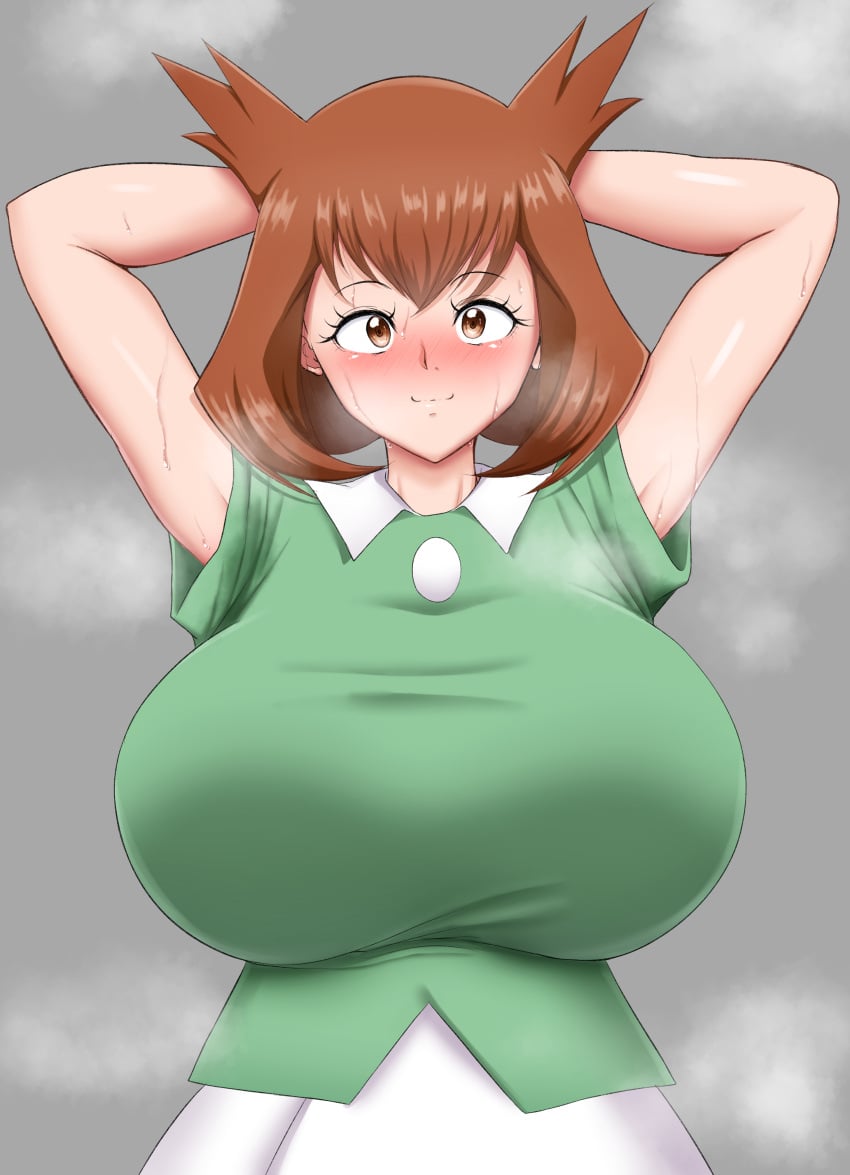 1girls 200mitrasi alternate_breast_size armpits bianca_(pokemon_heroes) big_breasts blush breasts brown_eyes brown_hair female female_only fully_clothed high_resolution huge_breasts kanon_(pokemon) large_breasts latias nintendo pokemon pokemon_(movie) pokemon_(species) pokemon_heroes:_latios_and_latias short_hair solo solo_female standing sweat sweat_stain sweaty_armpits yowai_(artist)