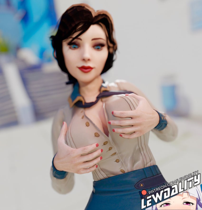 1girls 3d 3d_(artwork) big_breasts bioshock bioshock_infinite blue_eyes breasts busty elizabeth_comstock female female_focus female_only hourglass_figure large_breasts lewdality makeup nudity red_lipstick wide_hips