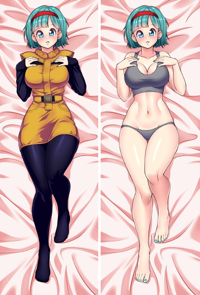 1girls bedsheets blue_eyes blue_hair blush breasts bulma_briefs bulma_briefs_(frieza_saga) cleavage clothed dakimakura dakimakura_design dragon_ball dragon_ball_z female female_only hairband large_breasts lying_on_back nail_polish on_back panties solo tank_top thighhighs toenail_polish underwear zeshgolden